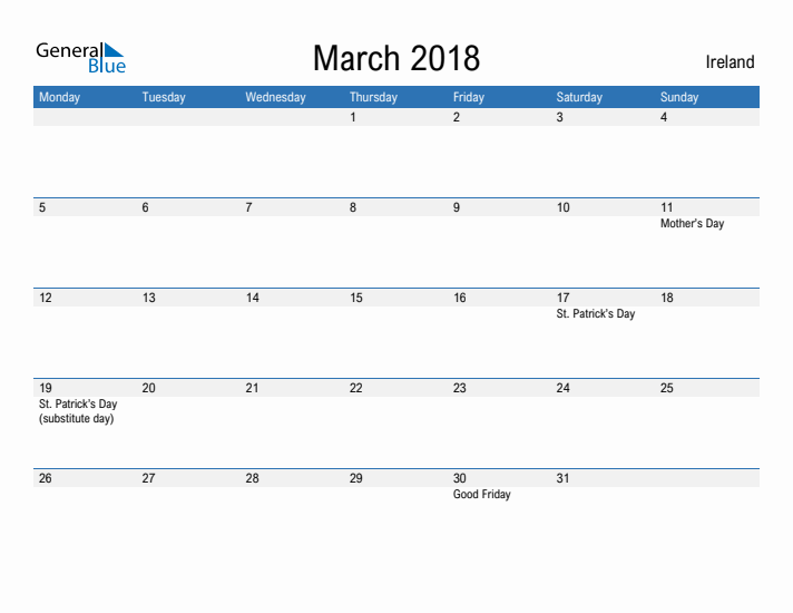 Fillable March 2018 Calendar