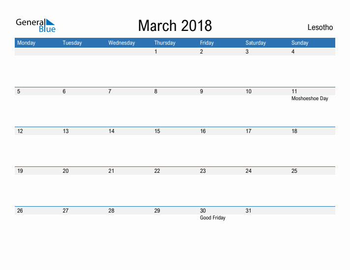 Fillable March 2018 Calendar