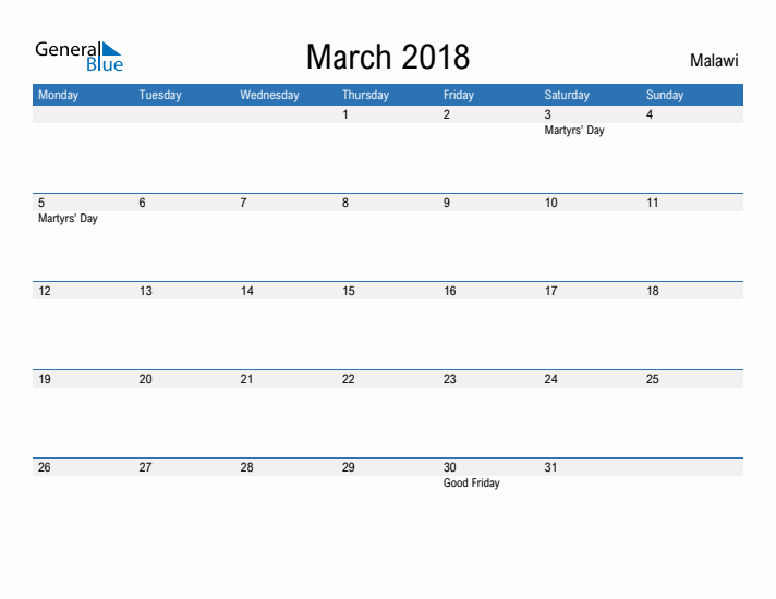 Fillable March 2018 Calendar