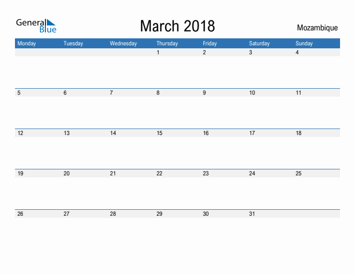 Fillable March 2018 Calendar