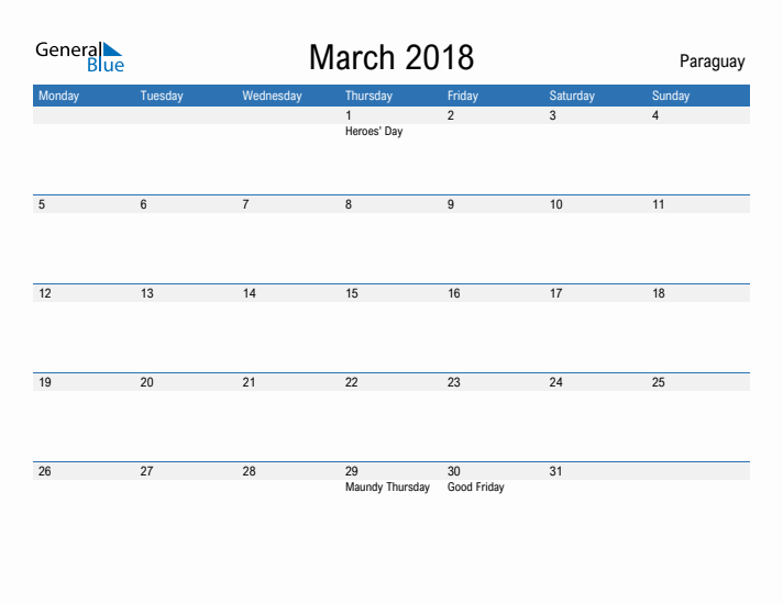 Fillable March 2018 Calendar