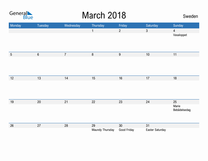 Fillable March 2018 Calendar