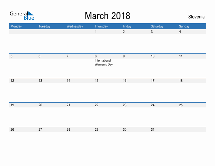 Fillable March 2018 Calendar