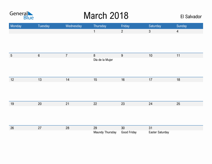 Fillable March 2018 Calendar