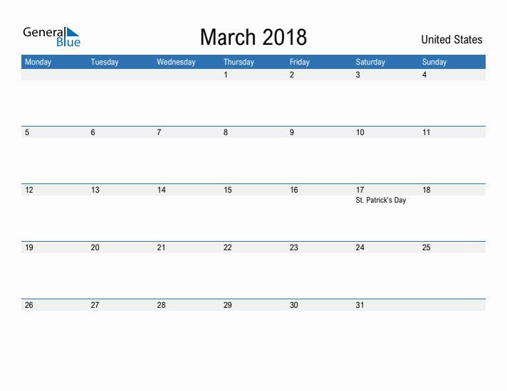 Fillable March 2018 Calendar