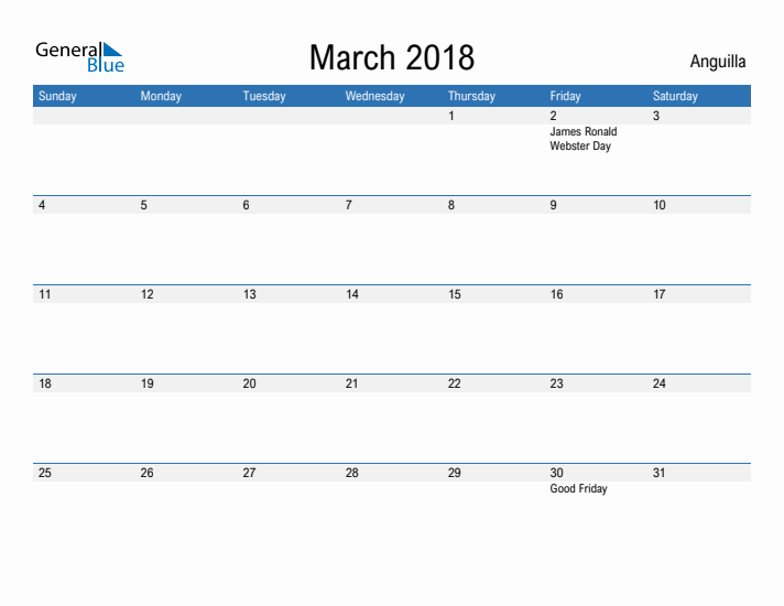 Fillable March 2018 Calendar