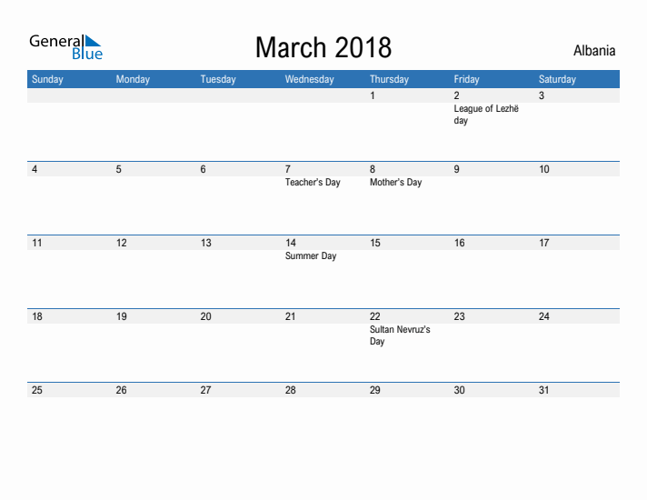 Fillable March 2018 Calendar