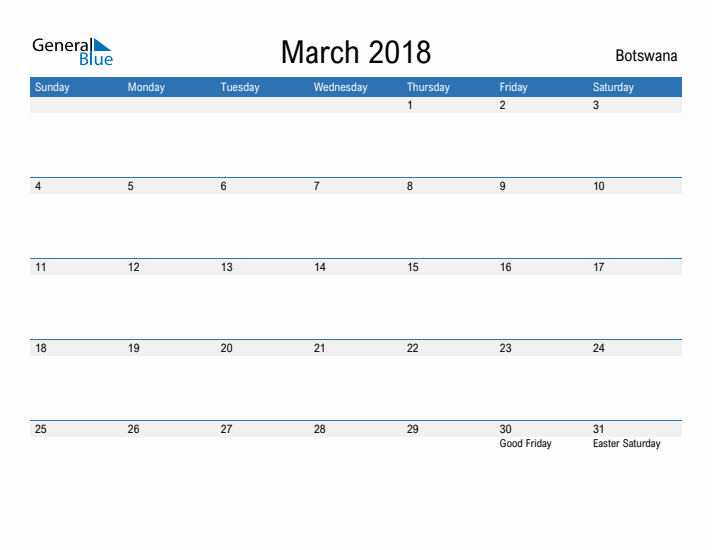 Fillable March 2018 Calendar