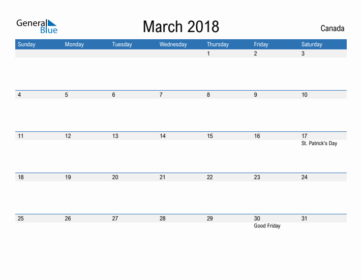 Fillable March 2018 Calendar