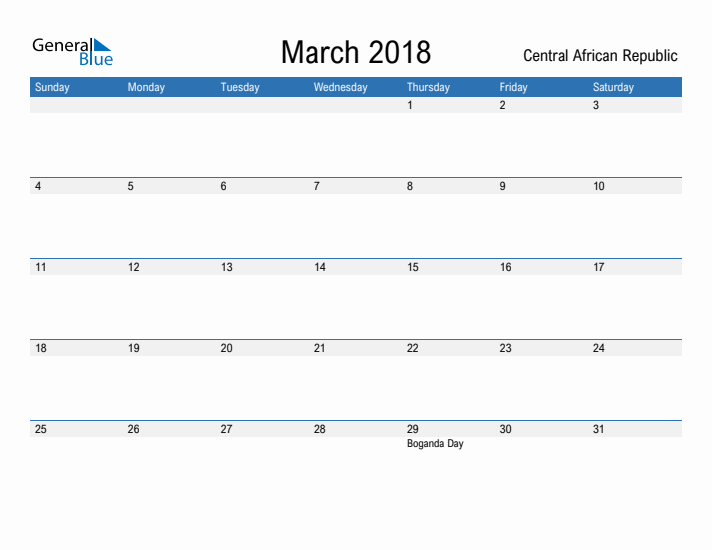 Fillable March 2018 Calendar