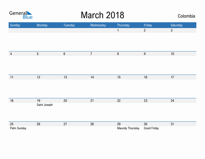 Fillable March 2018 Calendar