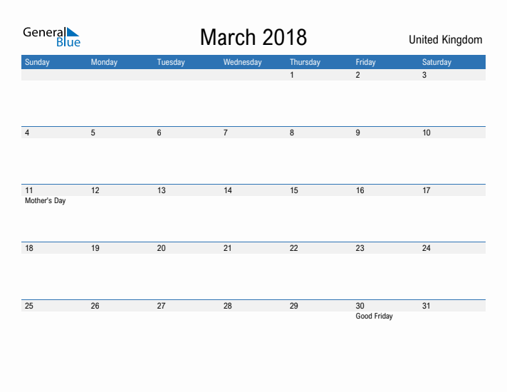 Fillable March 2018 Calendar