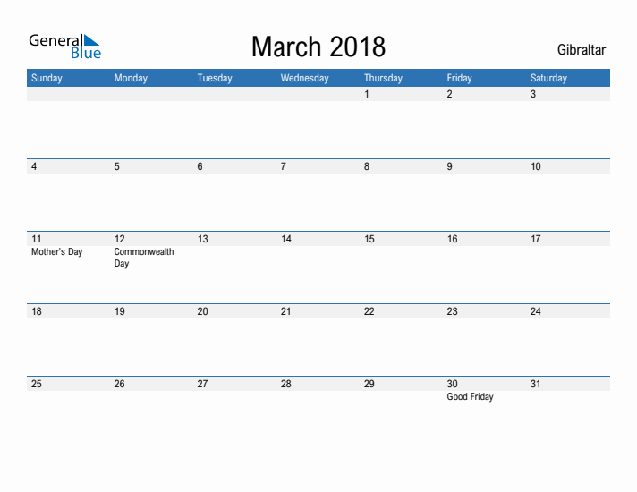 Fillable March 2018 Calendar