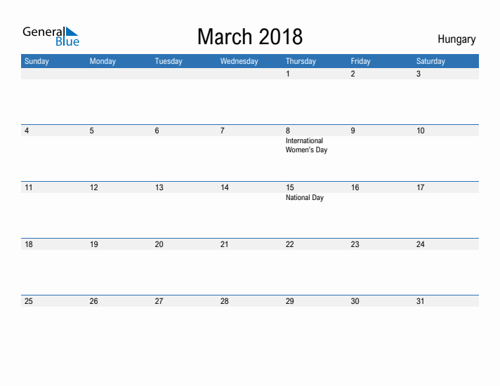 Fillable March 2018 Calendar