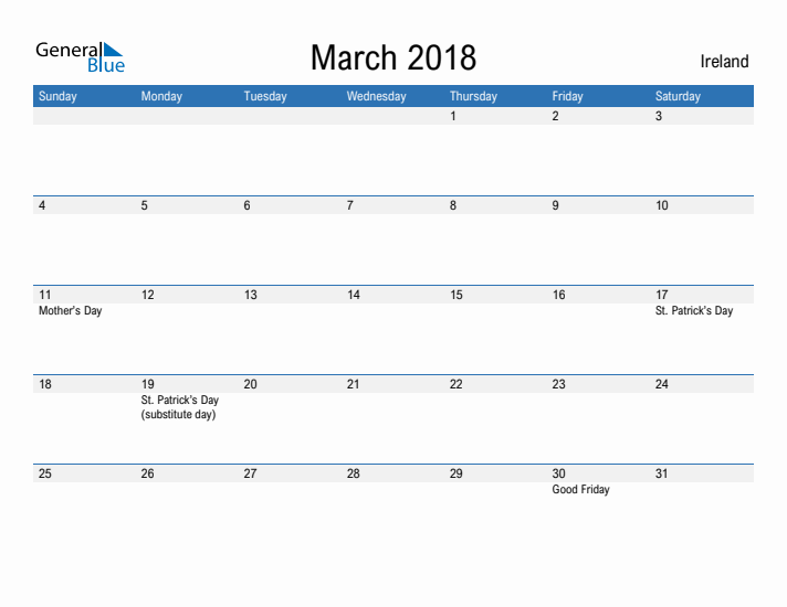 Fillable March 2018 Calendar