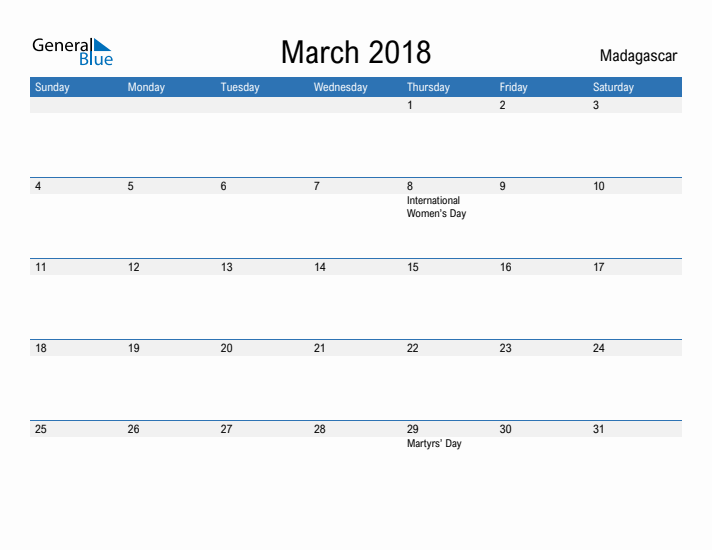 Fillable March 2018 Calendar