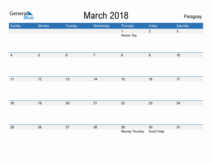 Fillable March 2018 Calendar