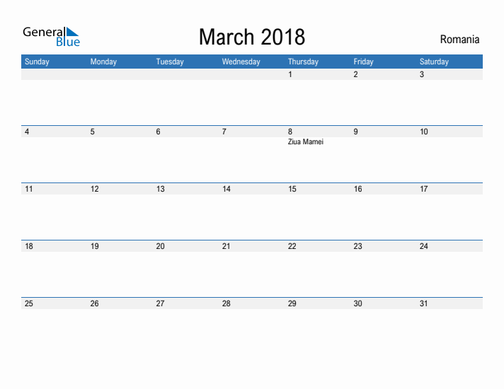 Fillable March 2018 Calendar