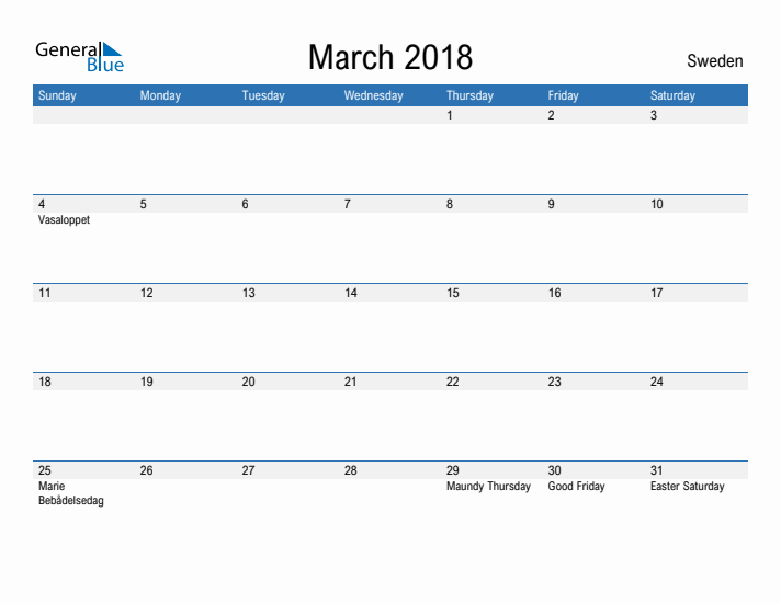 Fillable March 2018 Calendar