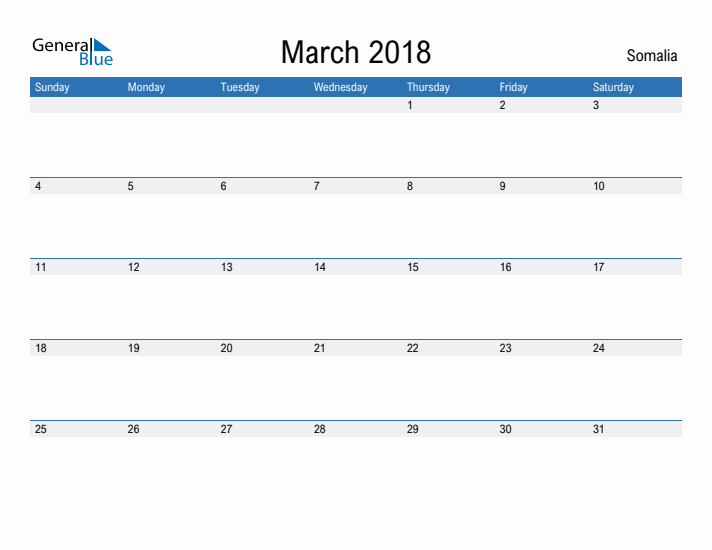 Fillable March 2018 Calendar