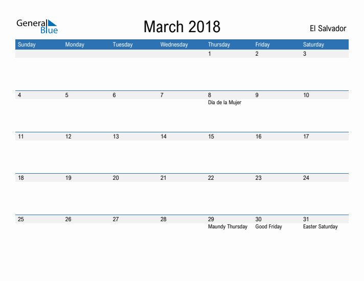 Fillable March 2018 Calendar