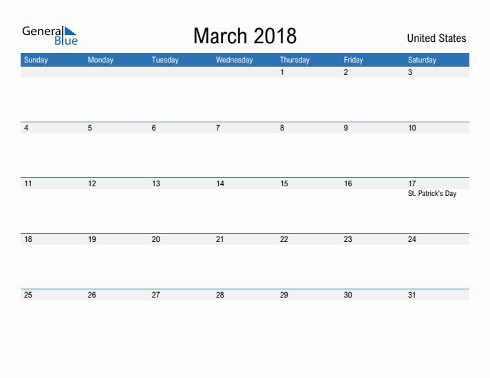 Fillable March 2018 Calendar