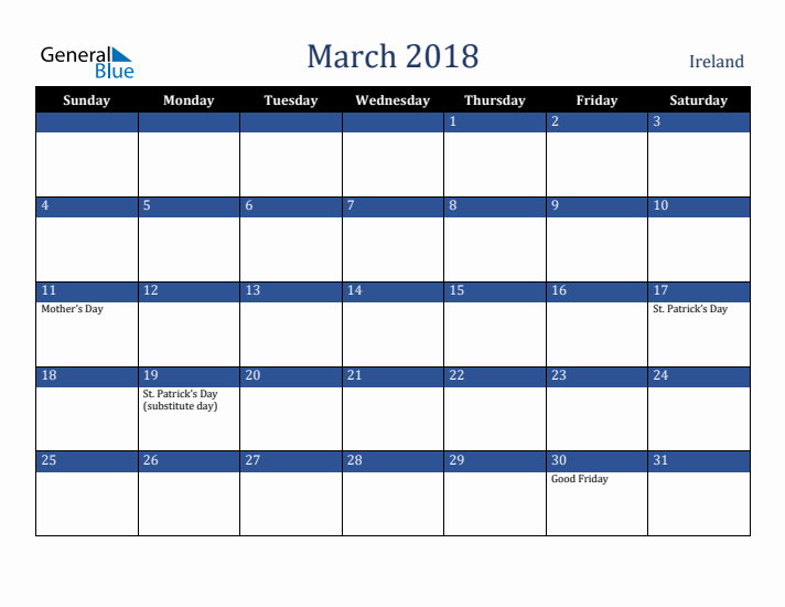 March 2018 Ireland Calendar (Sunday Start)