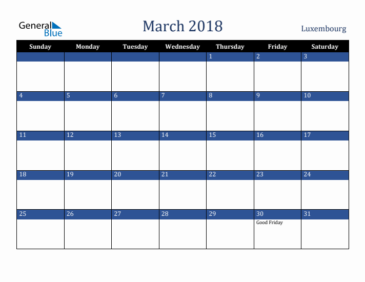 March 2018 Luxembourg Calendar (Sunday Start)