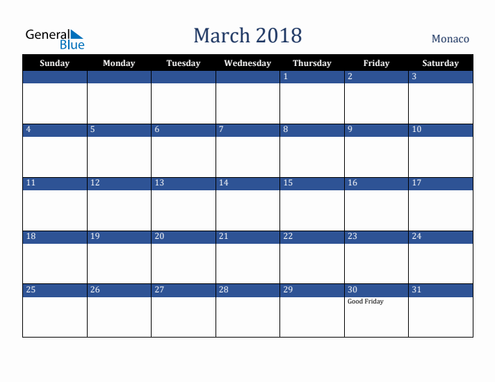 March 2018 Monaco Calendar (Sunday Start)