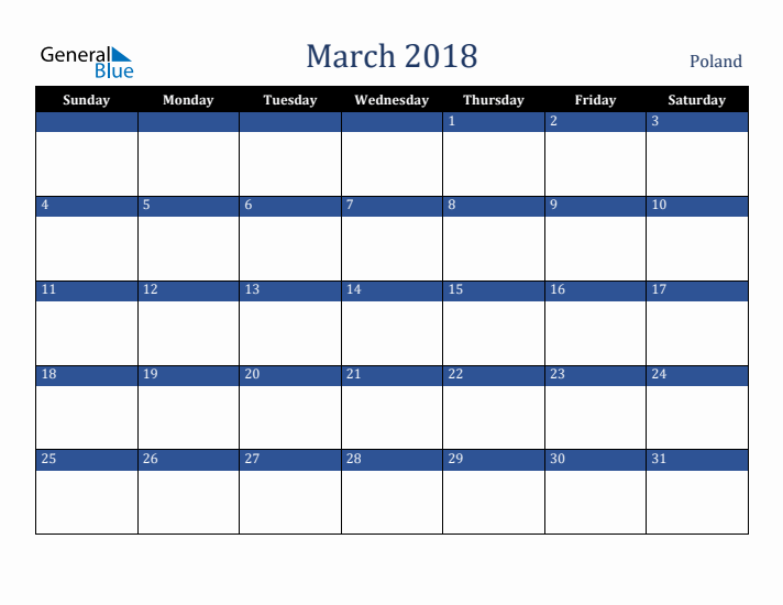 March 2018 Poland Calendar (Sunday Start)