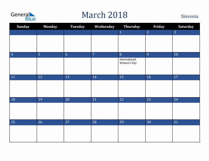 March 2018 Slovenia Calendar (Sunday Start)