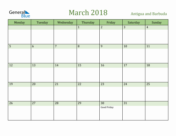 March 2018 Calendar with Antigua and Barbuda Holidays