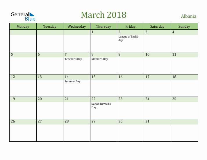 March 2018 Calendar with Albania Holidays