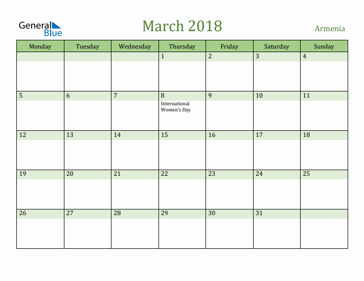 March 2018 Calendar with Armenia Holidays