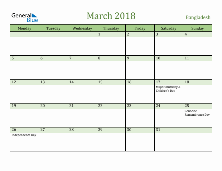 March 2018 Calendar with Bangladesh Holidays