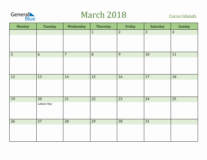 March 2018 Calendar with Cocos Islands Holidays