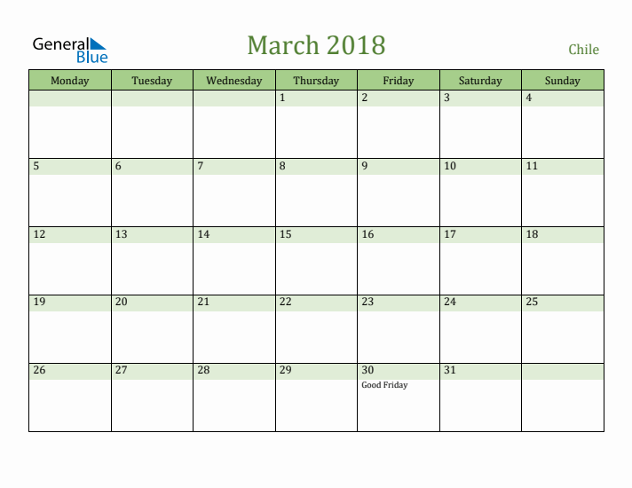 March 2018 Calendar with Chile Holidays