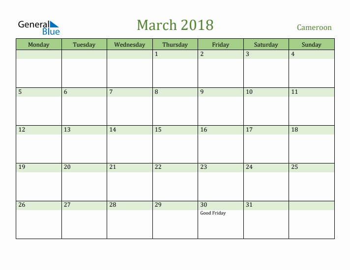 March 2018 Calendar with Cameroon Holidays