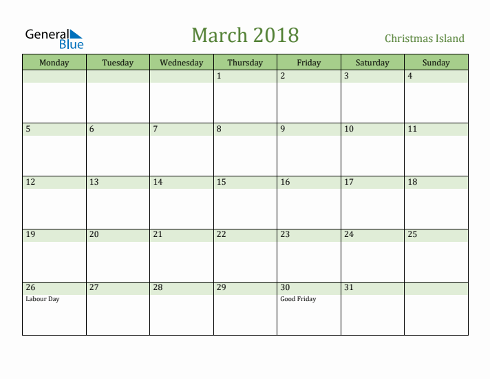 March 2018 Calendar with Christmas Island Holidays