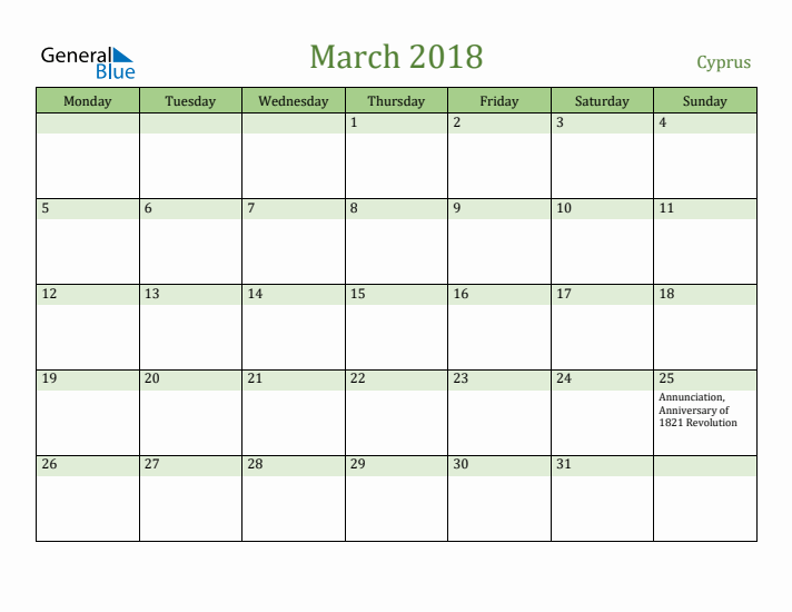 March 2018 Calendar with Cyprus Holidays