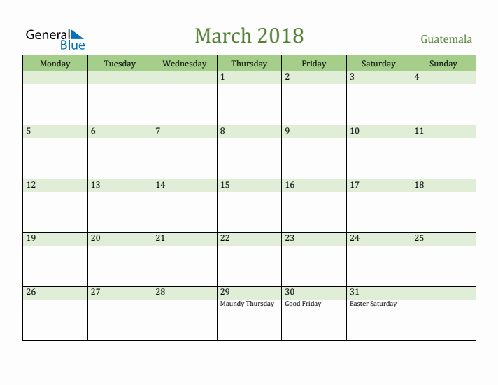 March 2018 Calendar with Guatemala Holidays