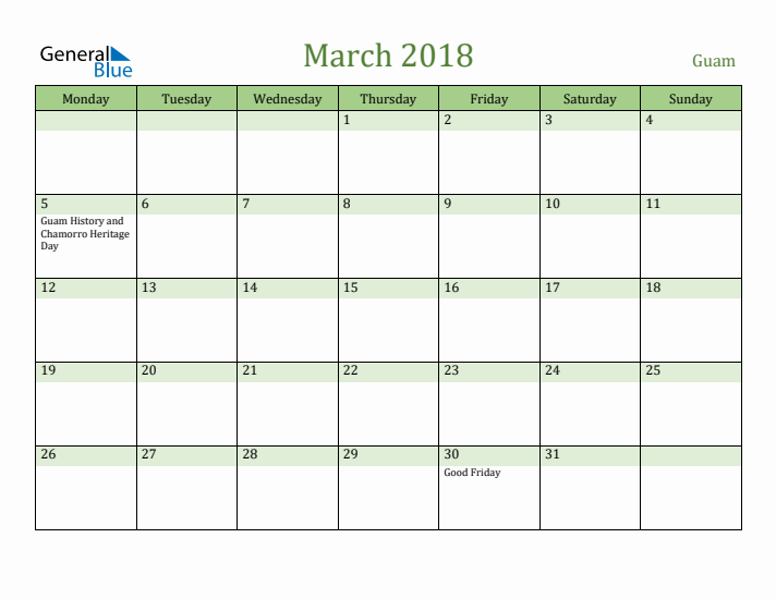 March 2018 Calendar with Guam Holidays