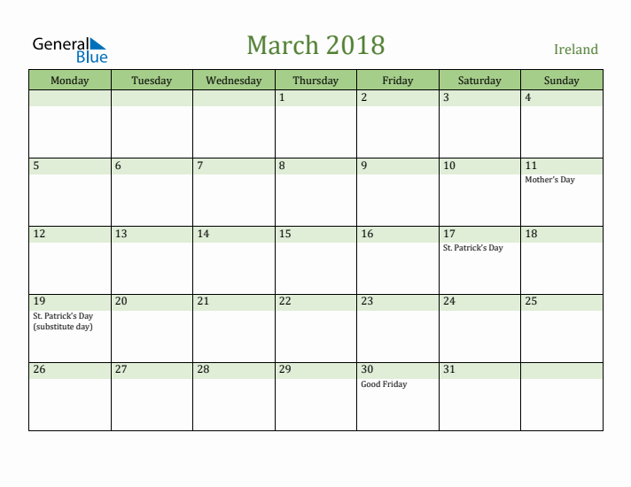 March 2018 Calendar with Ireland Holidays