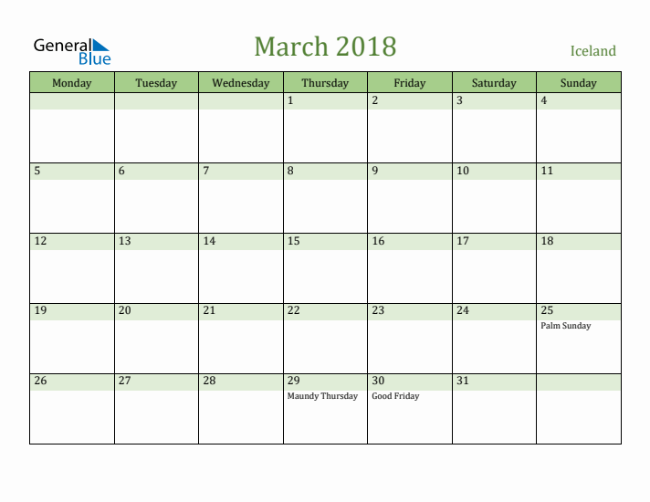 March 2018 Calendar with Iceland Holidays