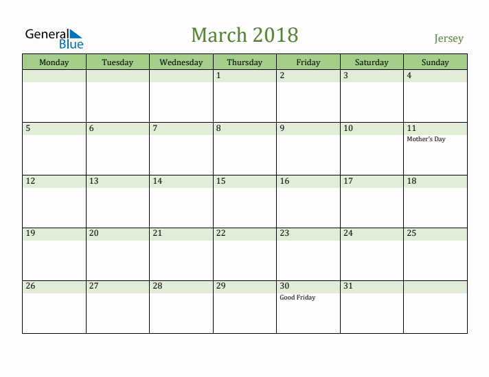 March 2018 Calendar with Jersey Holidays