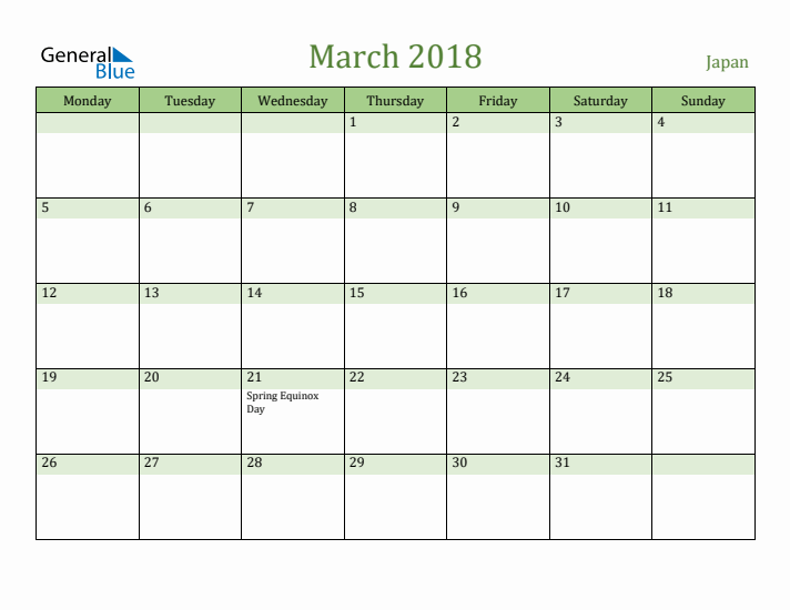 March 2018 Calendar with Japan Holidays