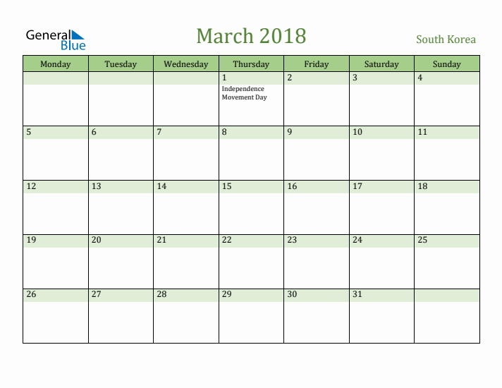 March 2018 Calendar with South Korea Holidays