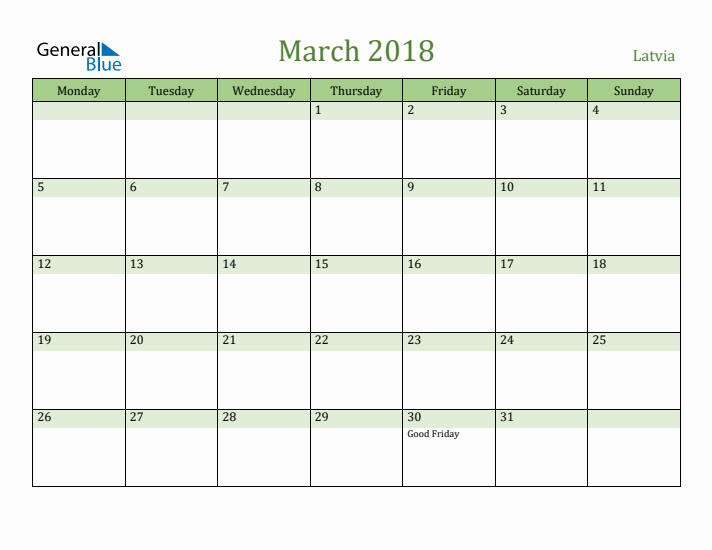 March 2018 Calendar with Latvia Holidays