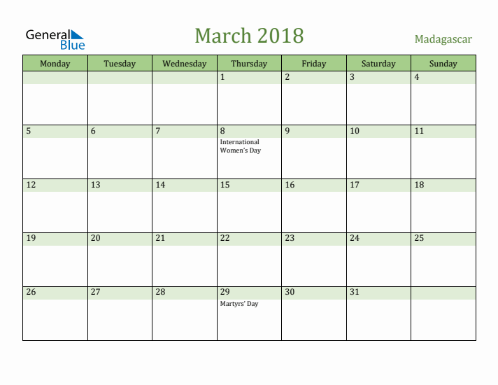 March 2018 Calendar with Madagascar Holidays