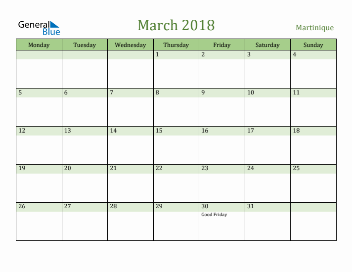 March 2018 Calendar with Martinique Holidays